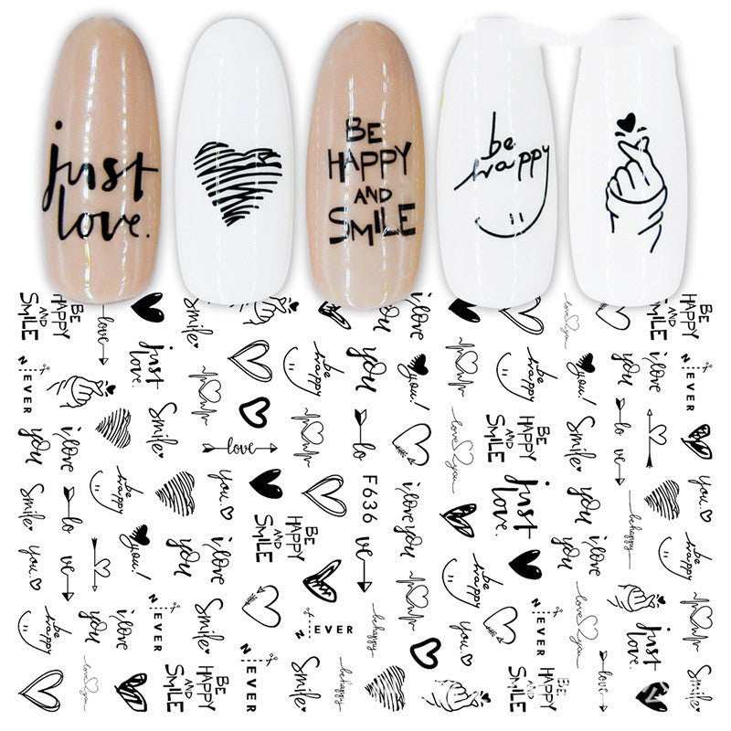 Cross - Border Nail Stickers New Japanese European And American 3D Hot Stamping Full Stickers Black And White Rose Heart - Shaped Ink Nail Decals - AMIR BAGS INDIA PRIVATE LIMITED
