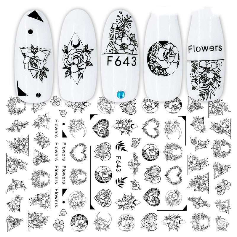 Cross - Border Nail Stickers New Japanese European And American 3D Hot Stamping Full Stickers Black And White Rose Heart - Shaped Ink Nail Decals - AMIR BAGS INDIA PRIVATE LIMITED