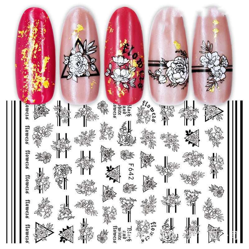 Cross - Border Nail Stickers New Japanese European And American 3D Hot Stamping Full Stickers Black And White Rose Heart - Shaped Ink Nail Decals - AMIR BAGS INDIA PRIVATE LIMITED