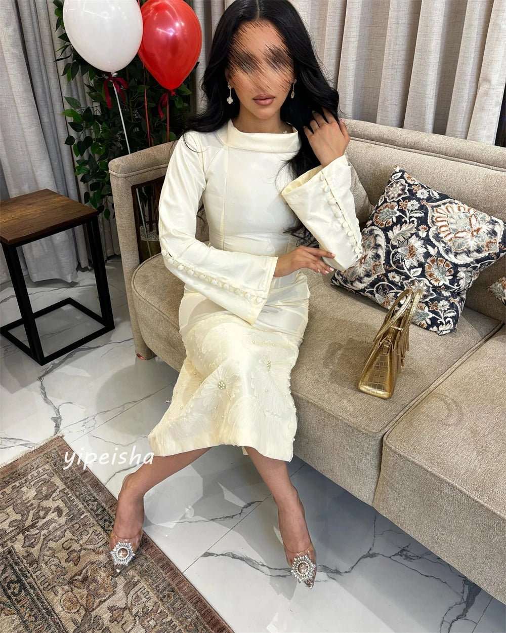 Customized Jersey Applique Button Pleat Cocktail Party A - Line O - Neck Bespoke Occasion Gown Midi Dresses - AMIR BAGS INDIA PRIVATE LIMITED