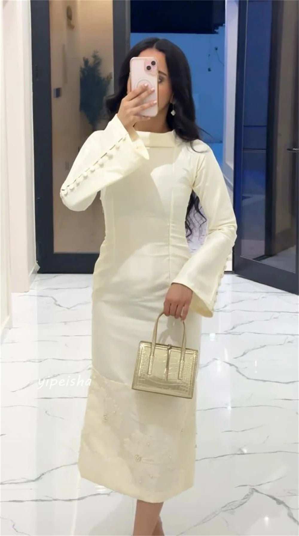 Customized Jersey Applique Button Pleat Cocktail Party A - Line O - Neck Bespoke Occasion Gown Midi Dresses - AMIR BAGS INDIA PRIVATE LIMITED