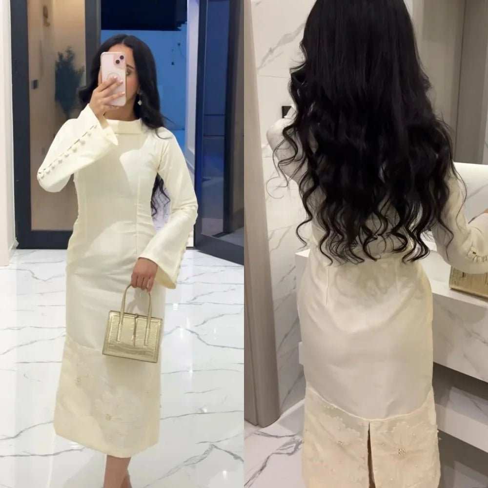 Customized Jersey Applique Button Pleat Cocktail Party A - Line O - Neck Bespoke Occasion Gown Midi Dresses - AMIR BAGS INDIA PRIVATE LIMITED