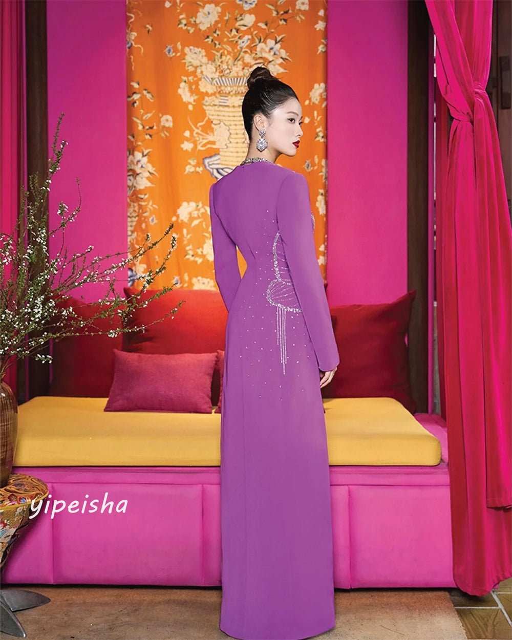 Customized Jersey Beading Draped Cocktail Party A - Line Square Collar Bespoke Occasion Gown Long Dresses - AMIR BAGS INDIA PRIVATE LIMITED