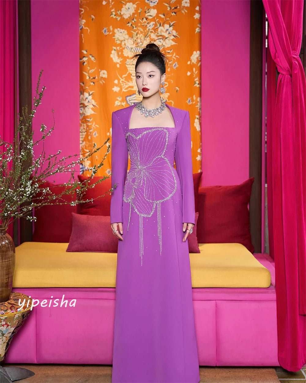 Customized Jersey Beading Draped Cocktail Party A - Line Square Collar Bespoke Occasion Gown Long Dresses - AMIR BAGS INDIA PRIVATE LIMITED