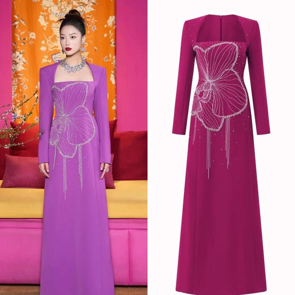 Customized Jersey Beading Draped Cocktail Party A - Line Square Collar Bespoke Occasion Gown Long Dresses - AMIR BAGS INDIA PRIVATE LIMITED