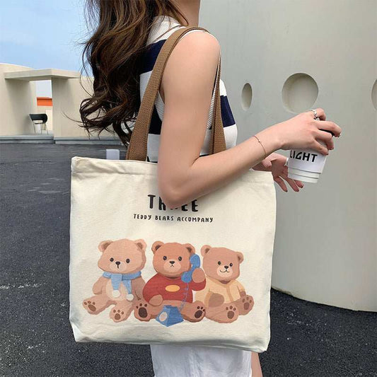 Cute Bear Printed Canvas Bag Women All - match Shoulder Bags Student Large Capacity Daily Handbags - AMIR BAGS INDIA PRIVATE LIMITED