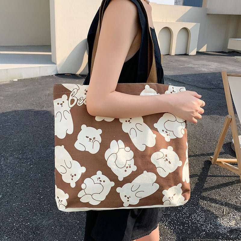 Cute Bear Printed Canvas Bag Women All - match Shoulder Bags Student Large Capacity Daily Handbags - AMIR BAGS INDIA PRIVATE LIMITED