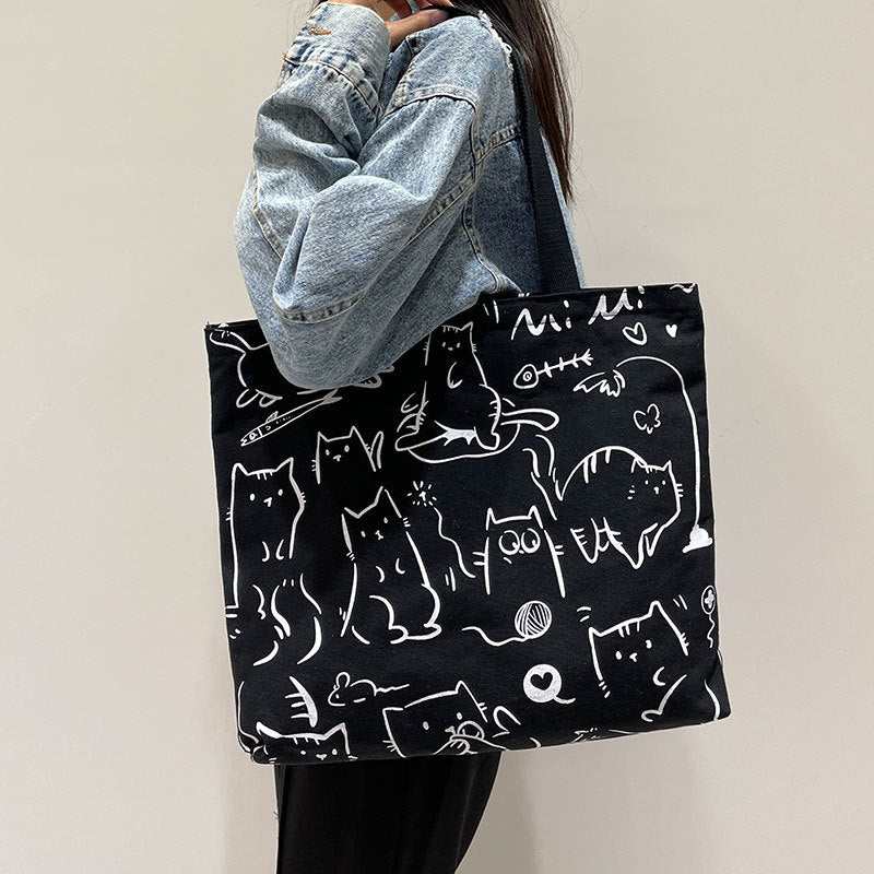 Cute Bear Printed Canvas Bag Women All - match Shoulder Bags Student Large Capacity Daily Handbags - AMIR BAGS INDIA PRIVATE LIMITED