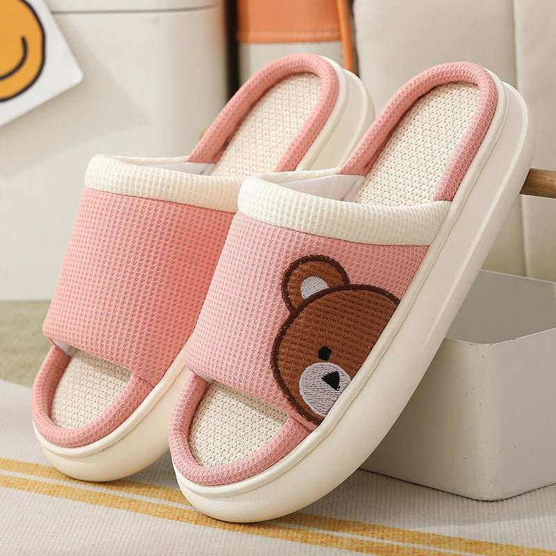 Cute Cartoon Bear Linen Slippers For Women Indoor Non - slip Sweat - absorbent Breathable Slip On Floor Bedroom Slipper House Shoes - AMIR BAGS INDIA PRIVATE LIMITED
