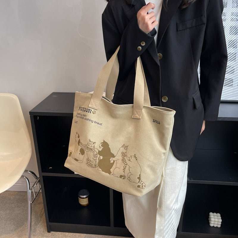 Cute Cartoon Cat Printed Canvas Bag Large Capacity Fashion Shopping Shoulder Bag Student Campus Handbag - AMIR BAGS INDIA PRIVATE LIMITED