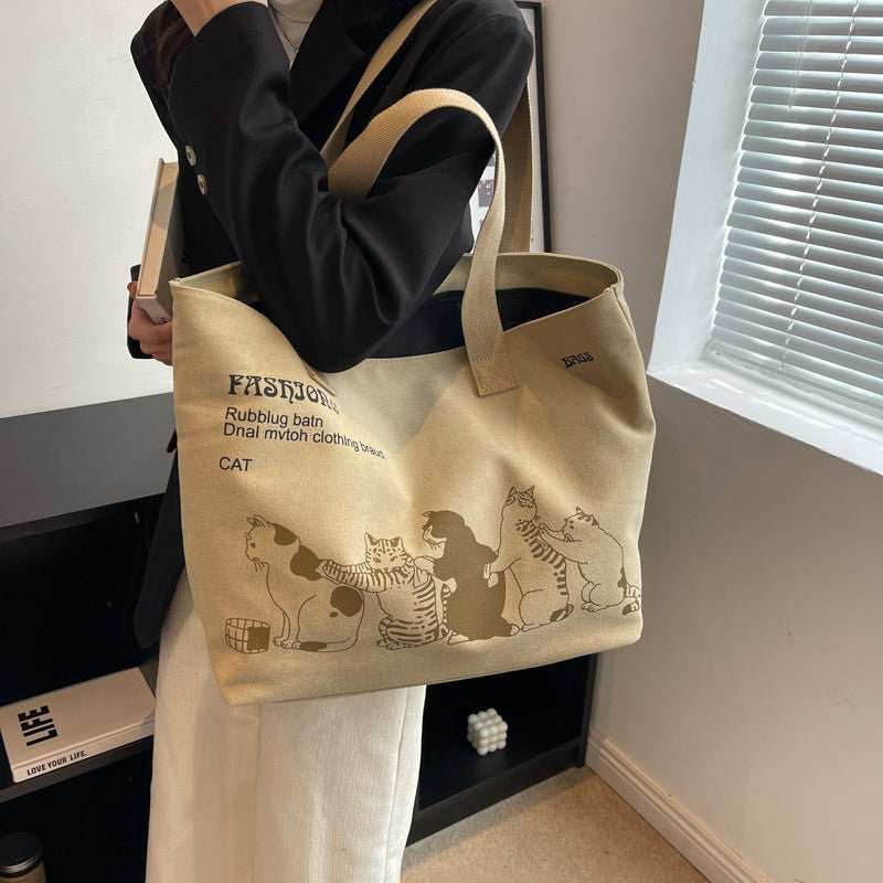 Cute Cartoon Cat Printed Canvas Bag Large Capacity Fashion Shopping Shoulder Bag Student Campus Handbag - AMIR BAGS INDIA PRIVATE LIMITED