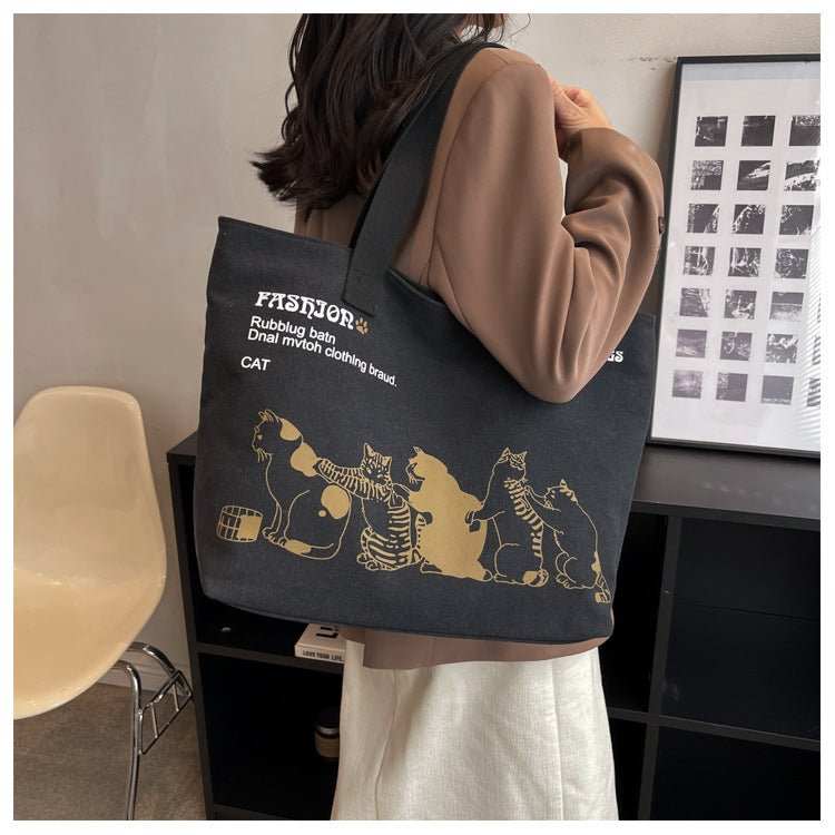 Cute Cartoon Cat Printed Canvas Bag Large Capacity Fashion Shopping Shoulder Bag Student Campus Handbag - AMIR BAGS INDIA PRIVATE LIMITED