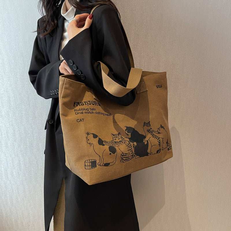 Cute Cartoon Cat Printed Canvas Bag Large Capacity Fashion Shopping Shoulder Bag Student Campus Handbag - AMIR BAGS INDIA PRIVATE LIMITED