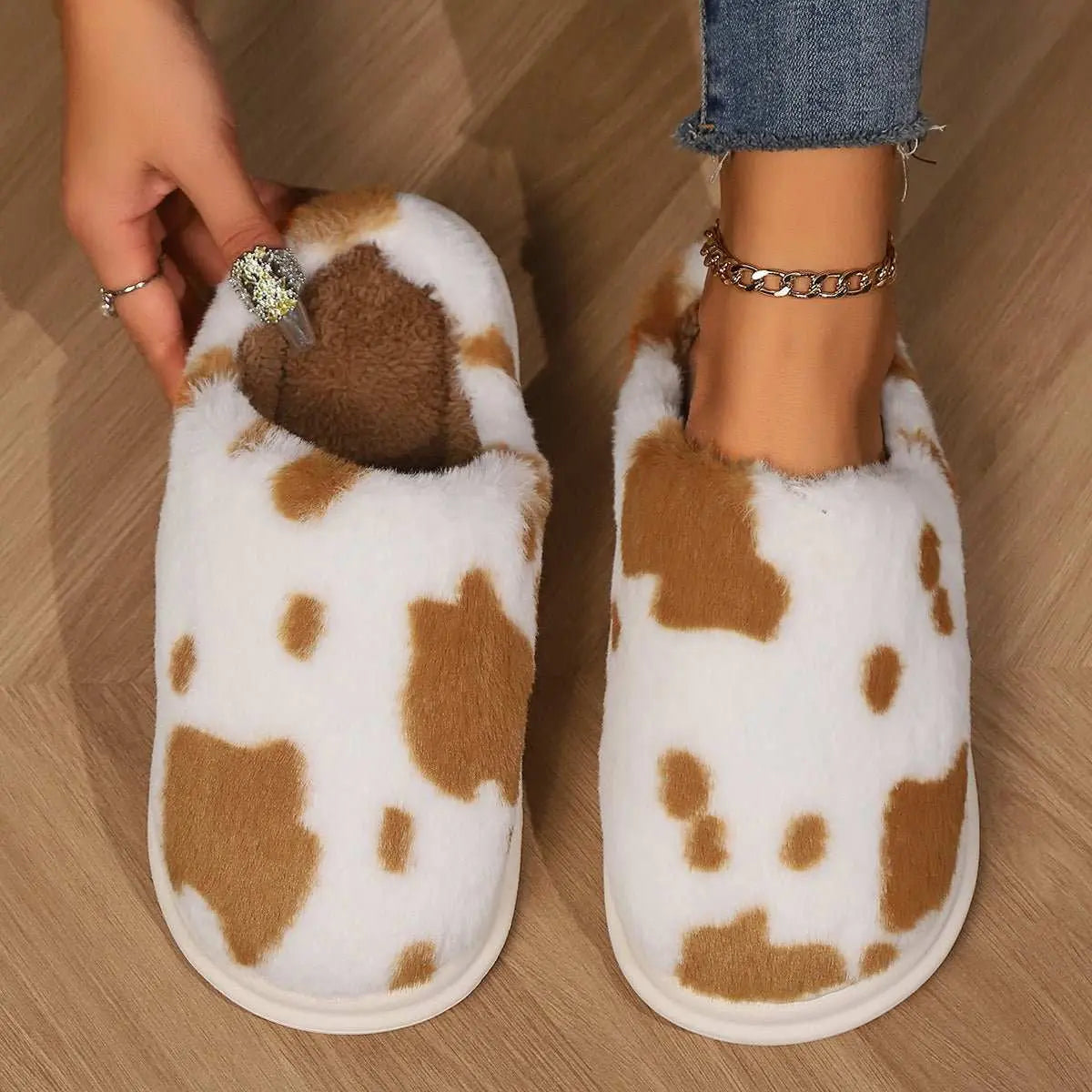 Cute Cow Spotted Plush Slippers Winter Warm Non - slip Bedroom Floor Fuzzy Slipper Couple Women House Shoes - AMIR BAGS INDIA PRIVATE LIMITED
