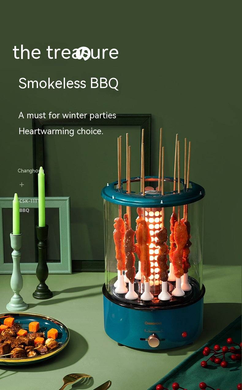 Automatic multi-function smoke-free skewers machine in blue with vertical grilling design for smokeless BBQ.