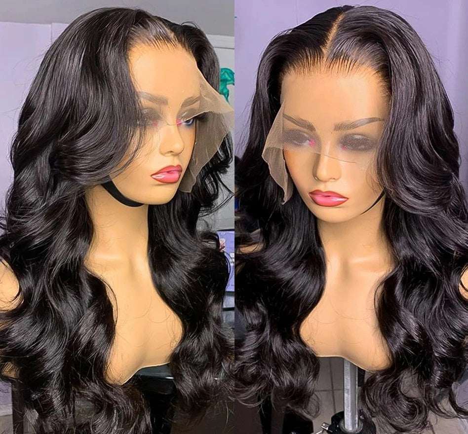Body wave lace front wig with medium long black real hair styled on mannequin heads