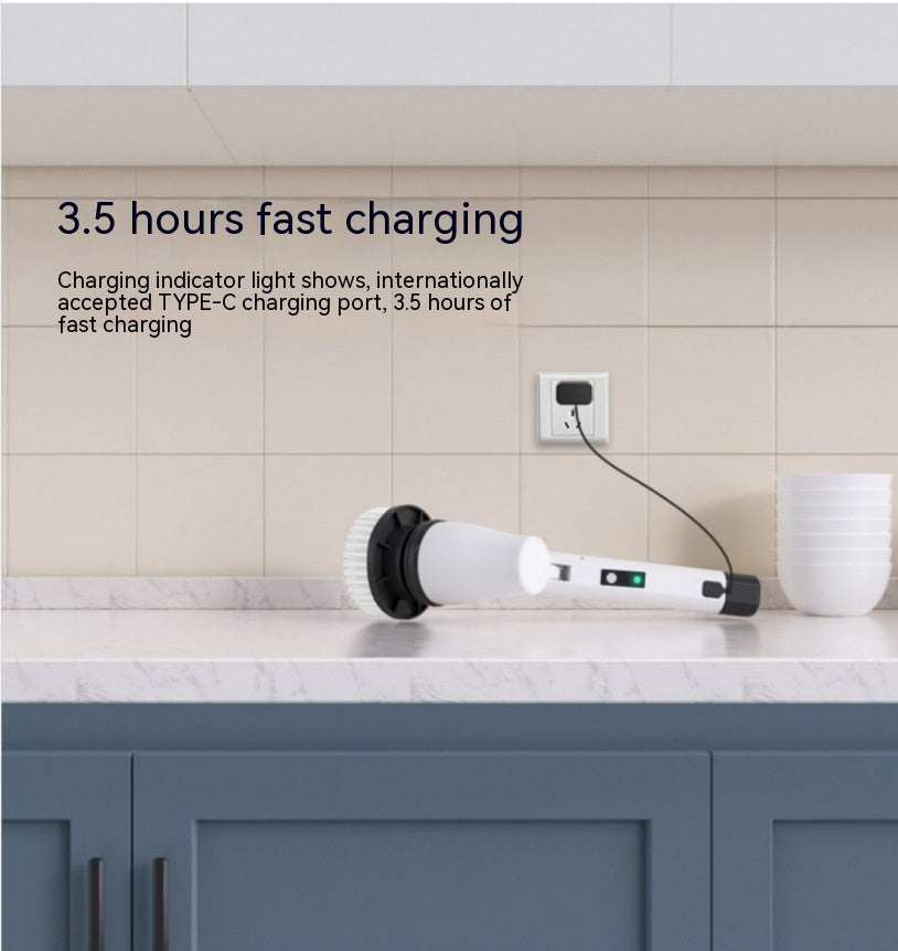 Wireless cleaning brush with long handle charging via Type-C port on kitchen counter