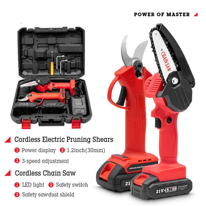 Rechargeable branch shears and cordless electric pruning scissors with 3-speed adjustment and cordless chain saw in red with black carrying case set