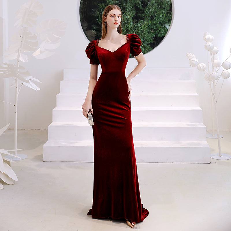 Wine red fishtail velvet evening dress with deep V-neck and bubble short sleeves