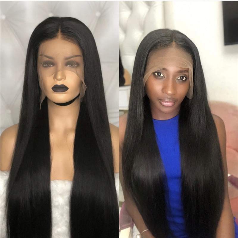 Cross-border European and American long straight black wig with lace front on mannequin and model
