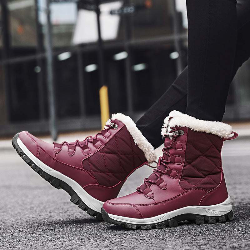 Women's fashion casual high-top snow boots in red with faux fur lining and rubber sole for winter outdoors