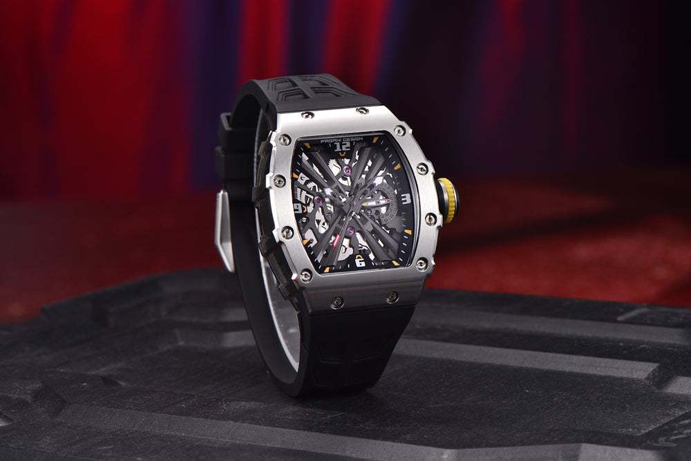 Square men's quartz watch with hollowed-out dial, rubber strap, and stainless steel case
