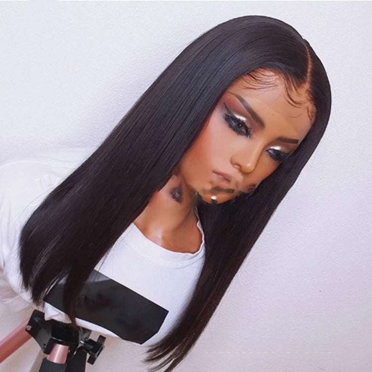Women's front lace wig medium long straight black hair on mannequin head