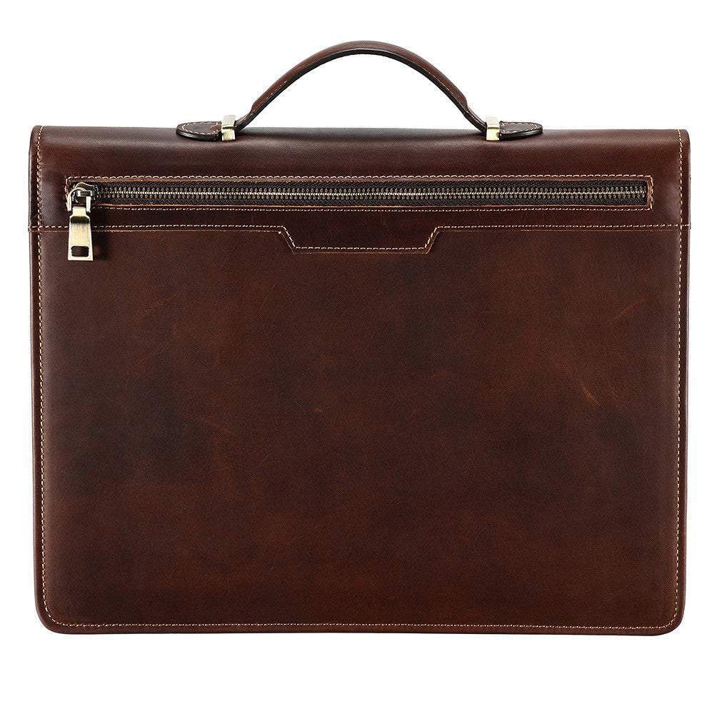 Vintage brown Crazy Horse leather 13.3 inch laptop briefcase with zipper and soft handle