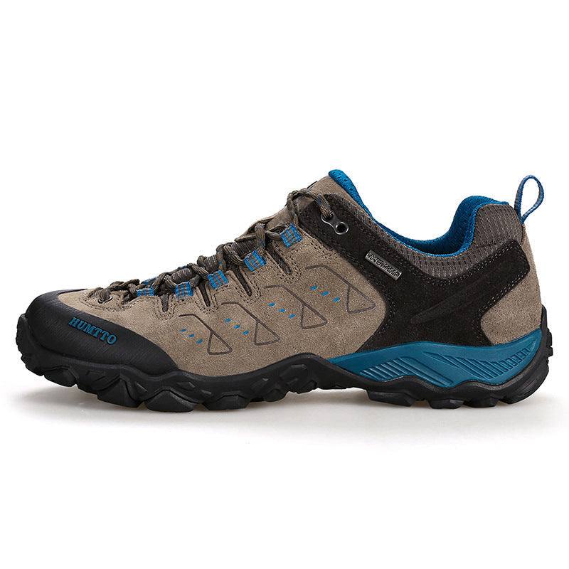 Men's spring and autumn lightweight wear-resistant waterproof sports hiking shoe in brown with blue accents and rugged sole