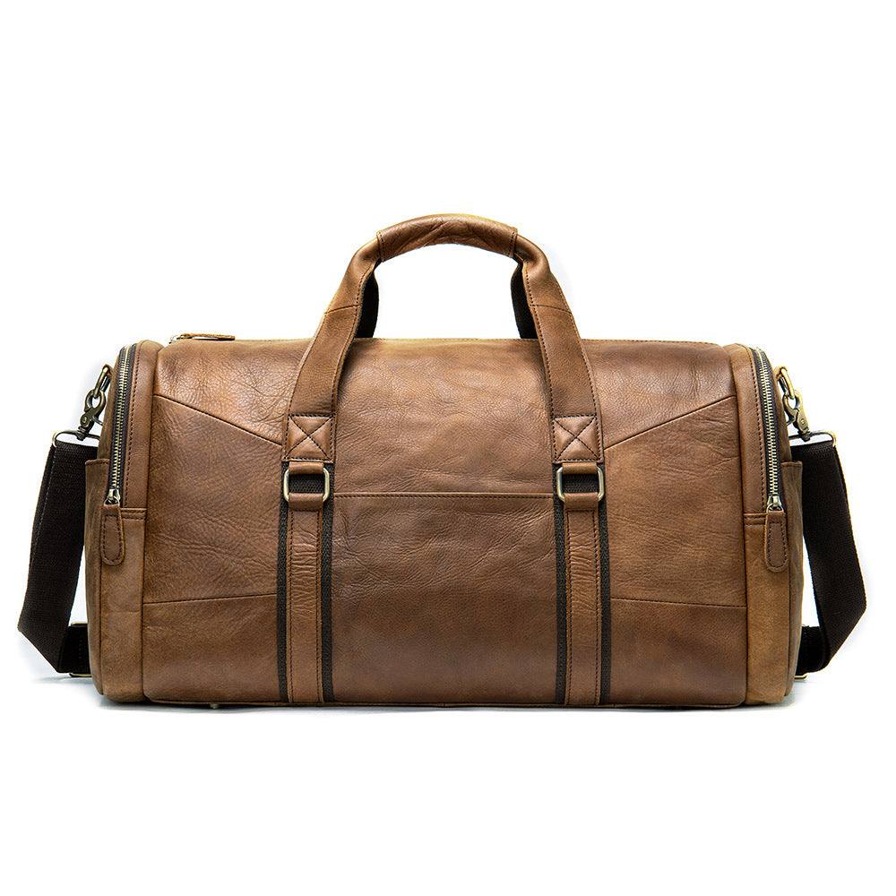Genuine leather men's business travel handbag in brown cowhide with zipper closure and detachable shoulder strap