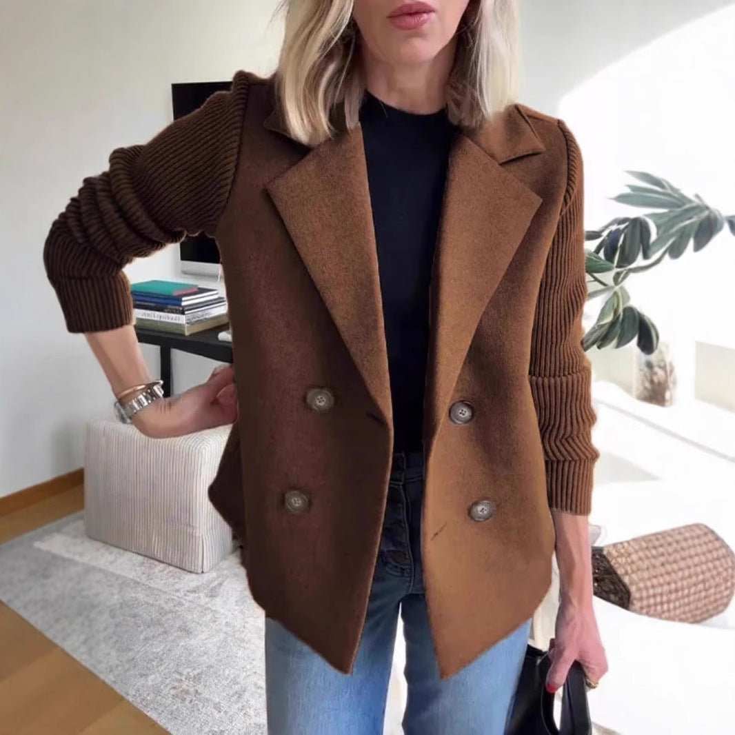 Double Breasted Lapel Jacket Fashion Knitted Sleeves Splicing Design Coat Outerwear Women's Clothing - AMIR BAGS INDIA PRIVATE LIMITED