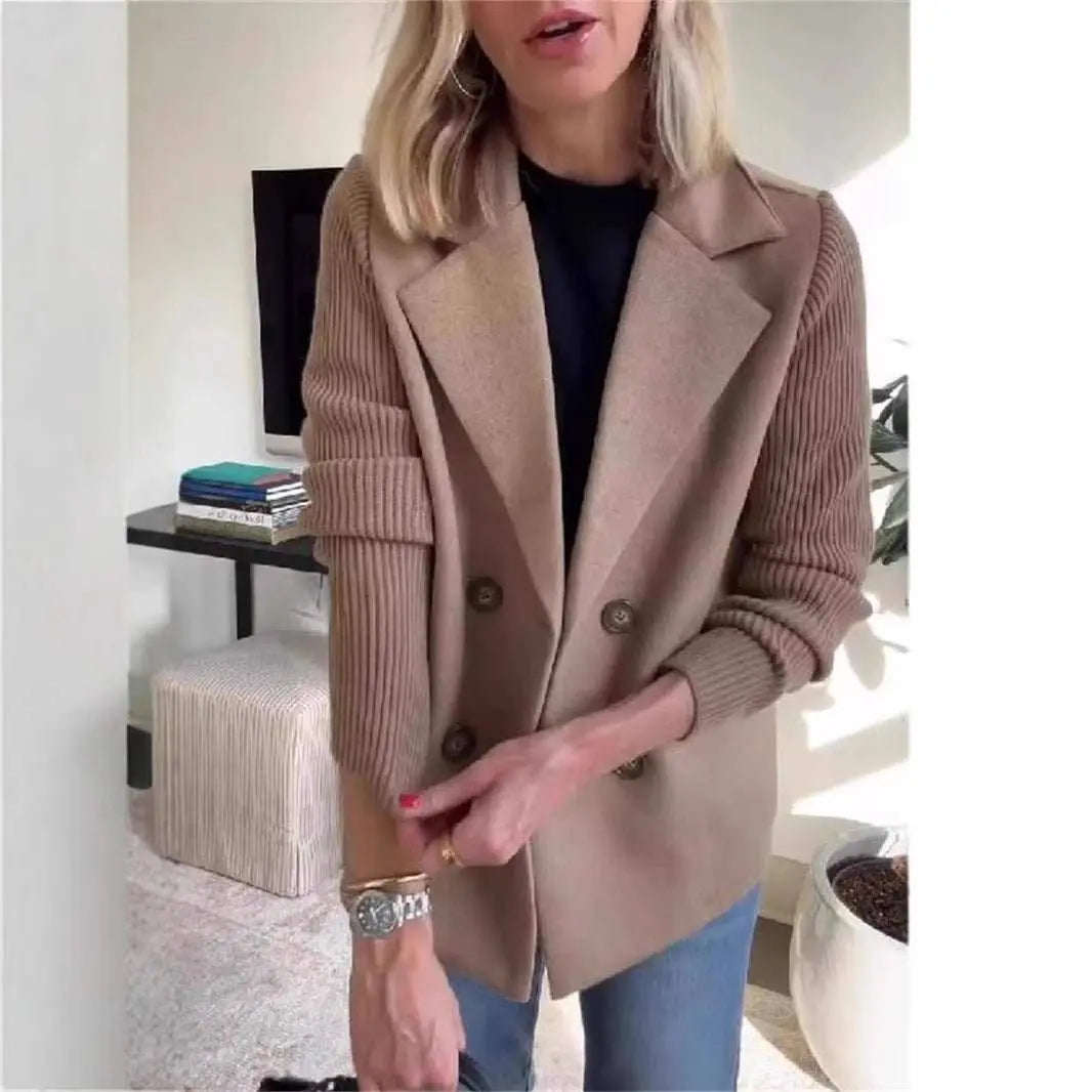 Double Breasted Lapel Jacket Fashion Knitted Sleeves Splicing Design Coat Outerwear Women's Clothing - AMIR BAGS INDIA PRIVATE LIMITED