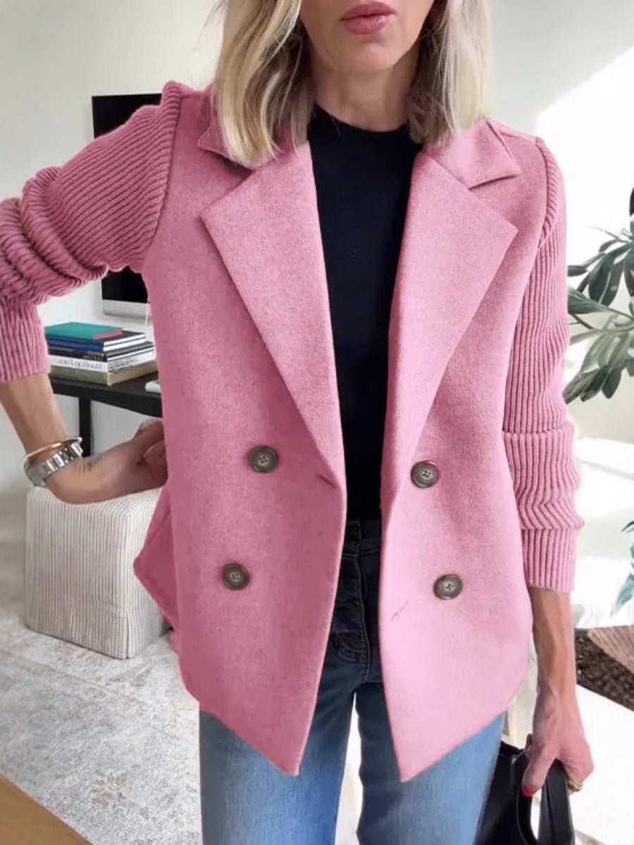 Double Breasted Lapel Jacket Fashion Knitted Sleeves Splicing Design Coat Outerwear Women's Clothing - AMIR BAGS INDIA PRIVATE LIMITED