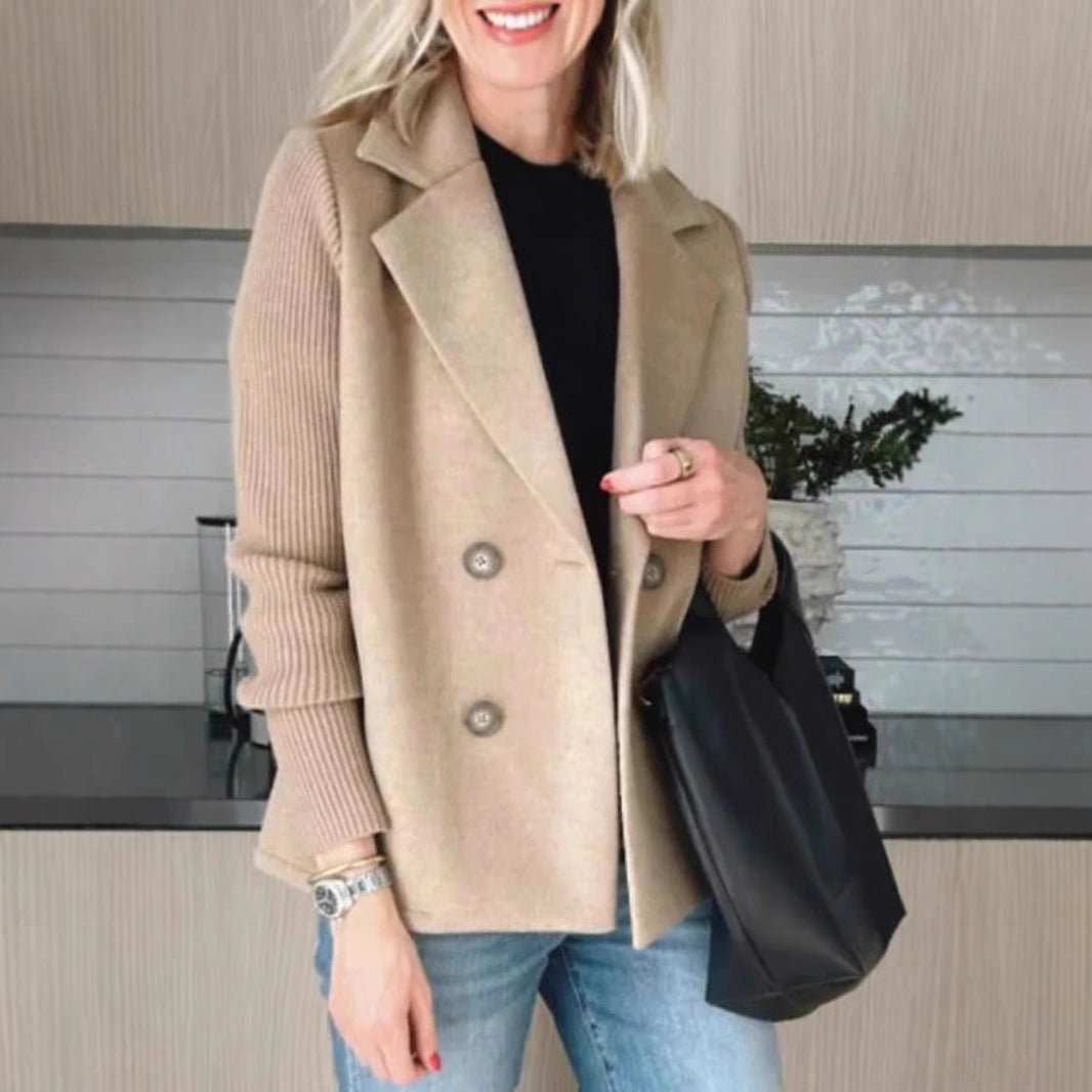 Double Breasted Lapel Jacket Fashion Knitted Sleeves Splicing Design Coat Outerwear Women's Clothing - AMIR BAGS INDIA PRIVATE LIMITED