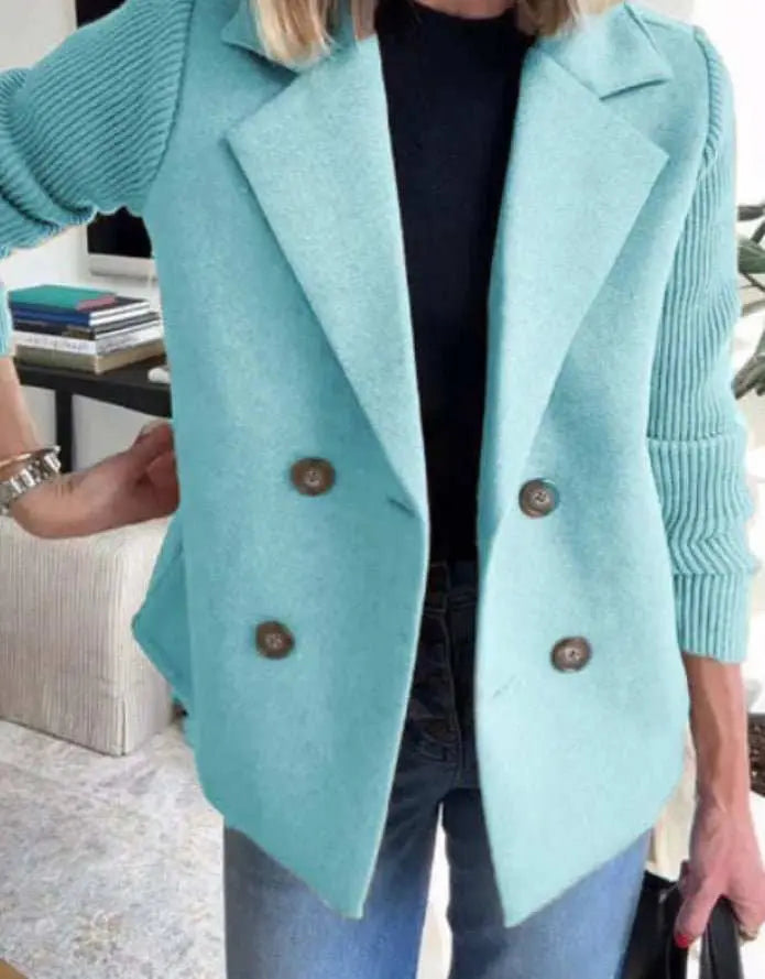 Double Breasted Lapel Jacket Fashion Knitted Sleeves Splicing Design Coat Outerwear Women's Clothing - AMIR BAGS INDIA PRIVATE LIMITED