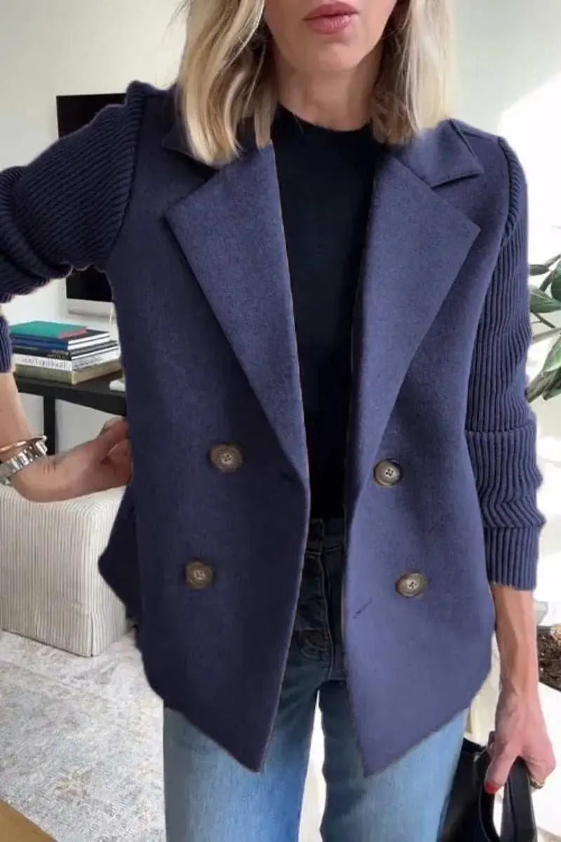 Double Breasted Lapel Jacket Fashion Knitted Sleeves Splicing Design Coat Outerwear Women's Clothing - AMIR BAGS INDIA PRIVATE LIMITED