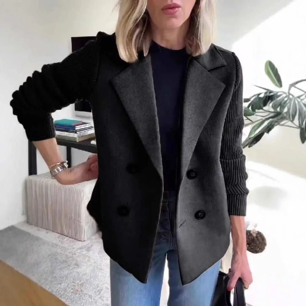 Double Breasted Lapel Jacket Fashion Knitted Sleeves Splicing Design Coat Outerwear Women's Clothing - AMIR BAGS INDIA PRIVATE LIMITED