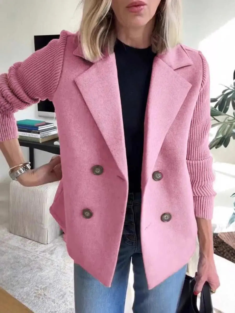 Double Breasted Lapel Jacket Fashion Knitted Sleeves Splicing Design Coat Outerwear Women's Clothing - AMIR BAGS INDIA PRIVATE LIMITED