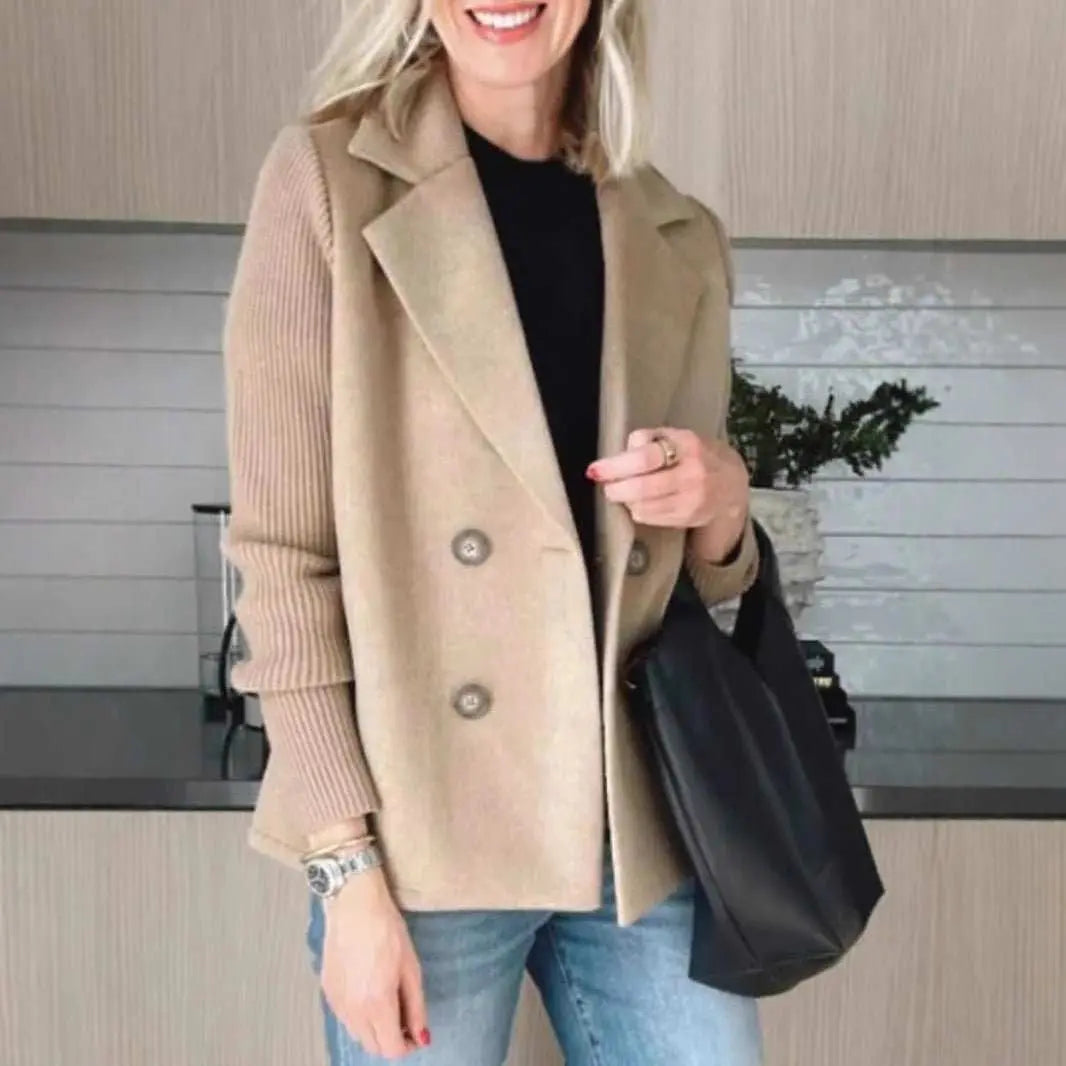 Double Breasted Lapel Jacket Fashion Knitted Sleeves Splicing Design Coat Outerwear Women's Clothing - AMIR BAGS INDIA PRIVATE LIMITED