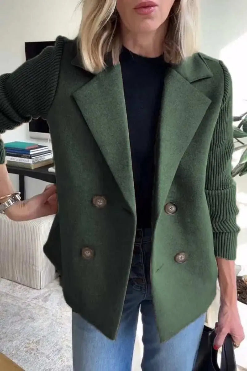 Double Breasted Lapel Jacket Fashion Knitted Sleeves Splicing Design Coat Outerwear Women's Clothing - AMIR BAGS INDIA PRIVATE LIMITED