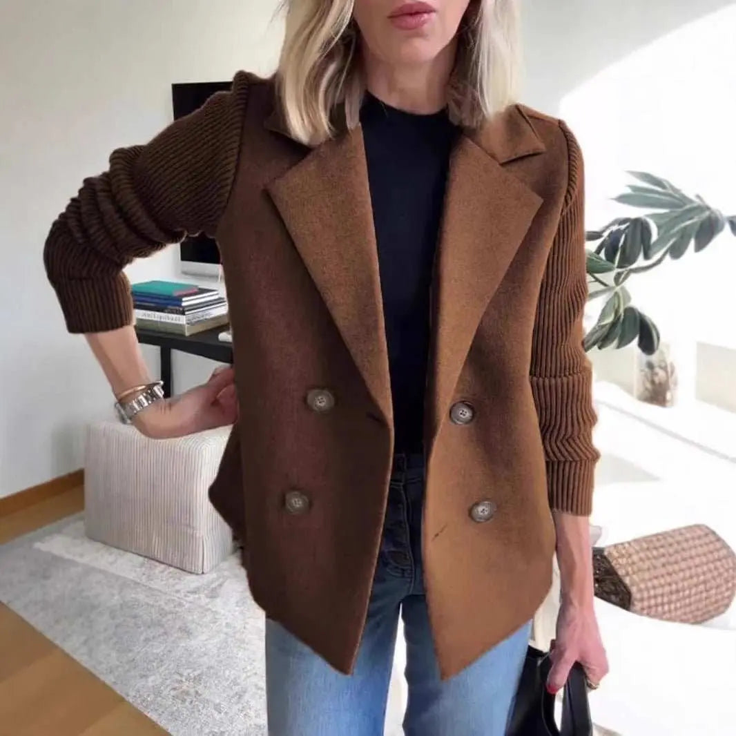 Double Breasted Lapel Jacket Fashion Knitted Sleeves Splicing Design Coat Outerwear Women's Clothing - AMIR BAGS INDIA PRIVATE LIMITED