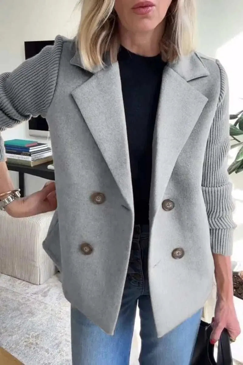 Double Breasted Lapel Jacket Fashion Knitted Sleeves Splicing Design Coat Outerwear Women's Clothing - AMIR BAGS INDIA PRIVATE LIMITED