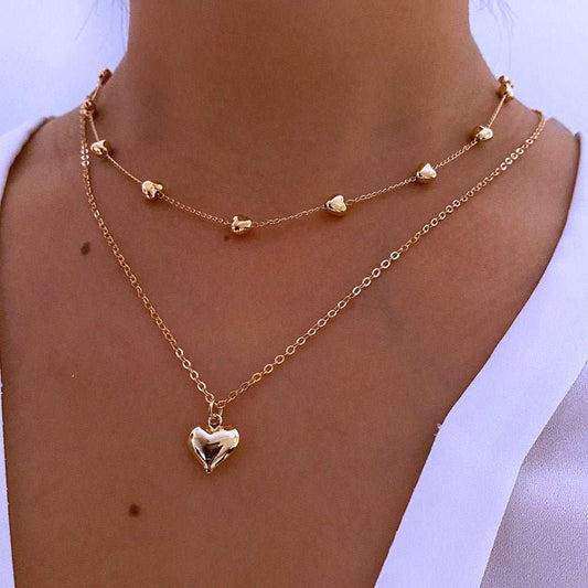 Double - layer Heart Pendant Fine Chain Necklace For Women Multilayer Gold Color Metal Necklaces Fashion Jewelry Accessories - AMIR BAGS INDIA PRIVATE LIMITED
