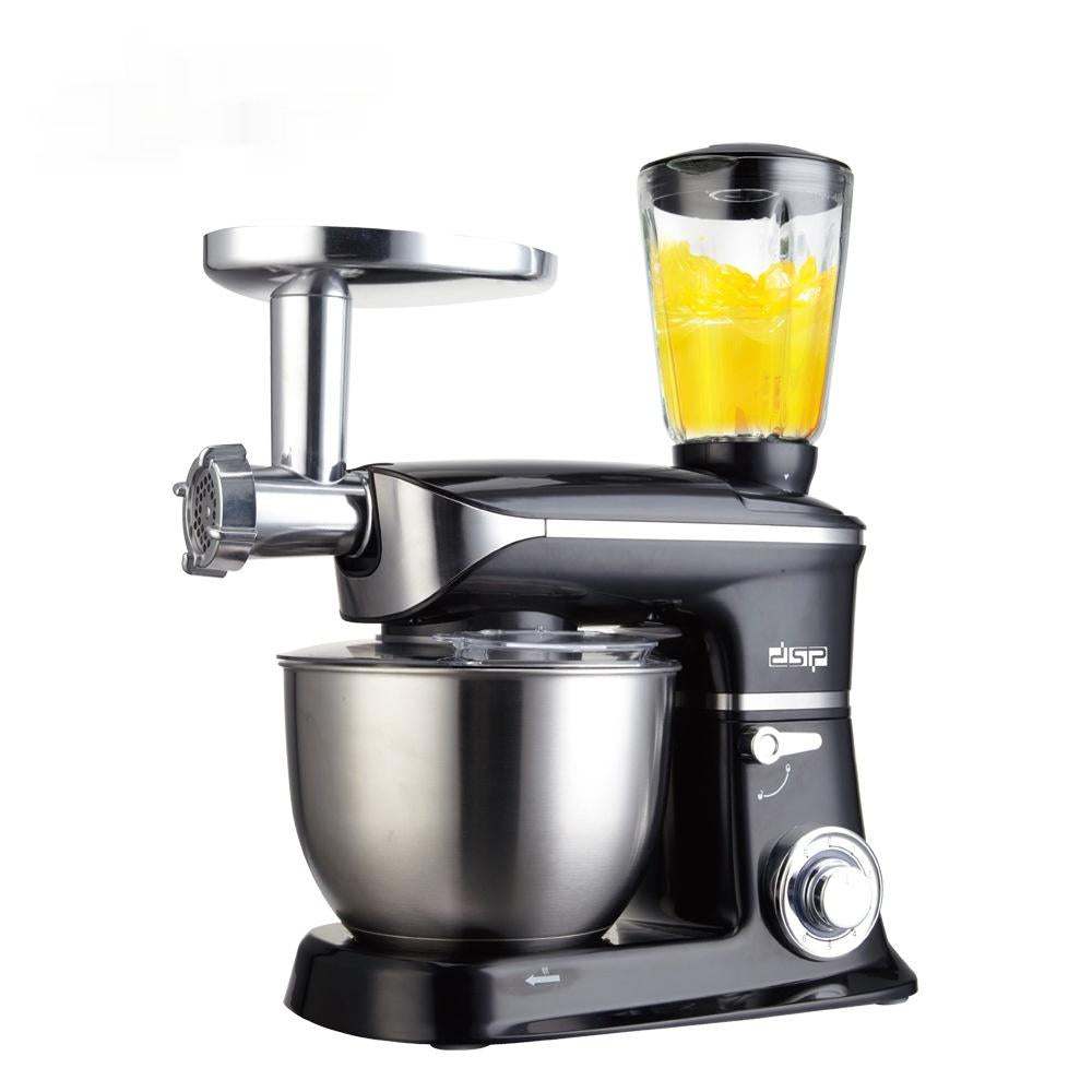 Three-in-one household multifunctional kitchen machine with juicer, meat grinder, and mixer in black with stainless steel bowl and clear juicer container.