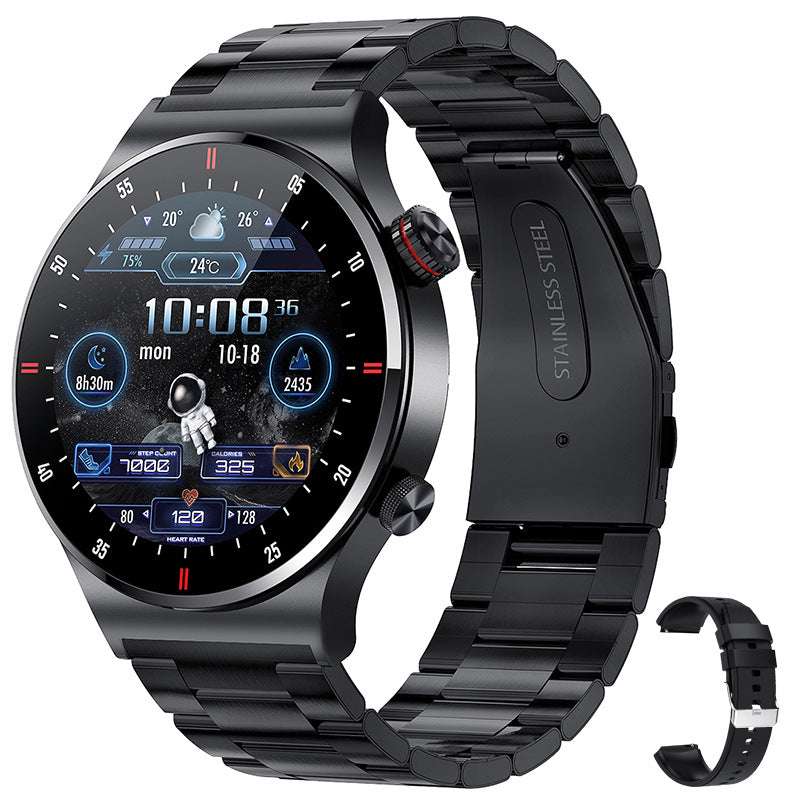 Black stainless steel smart watch with heart rate monitoring and Bluetooth connectivity displayed on wrist