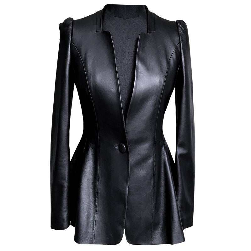 Slim fit black short coat women's leather jacket with V-neck and single-button front closure
