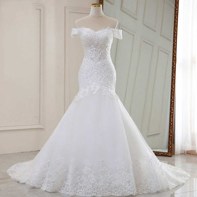 High waist white lace off-shoulder mermaid wedding dress with V-neck and long tail train