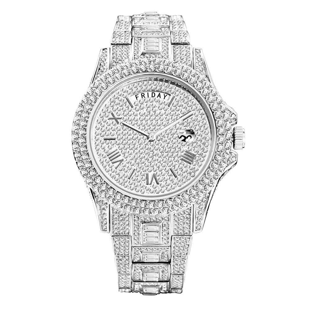 Outside The Watch high-end diamond quartz watch with double calendar and week display, stainless steel alloy strap, 30M waterproof