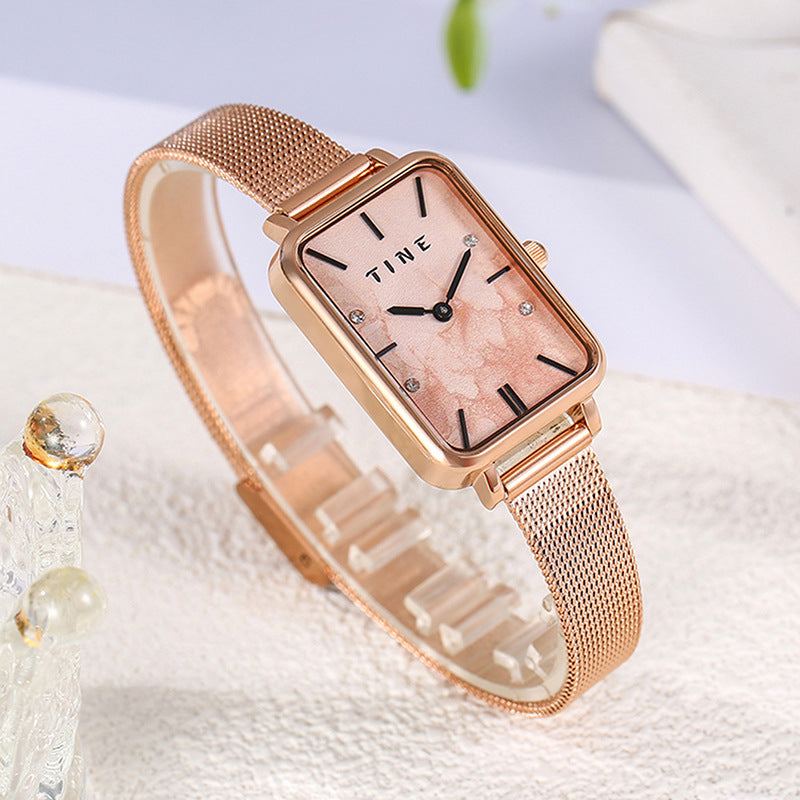 High-grade rose gold square ins style student quartz watch with stainless steel mesh band and organic glass mirror