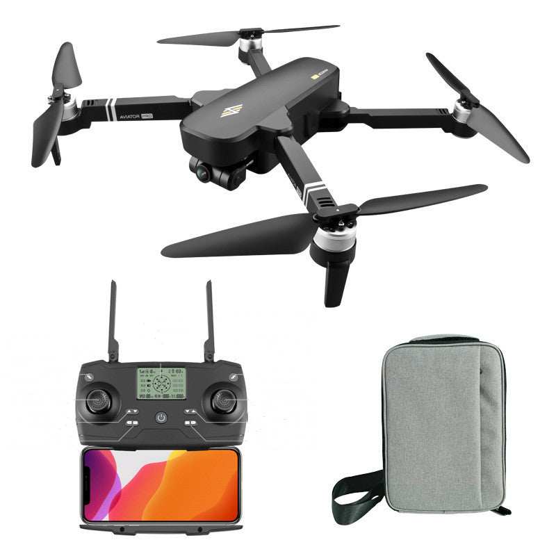 Black two-axis gimbal aerial photography drone with remote control and gray carrying backpack